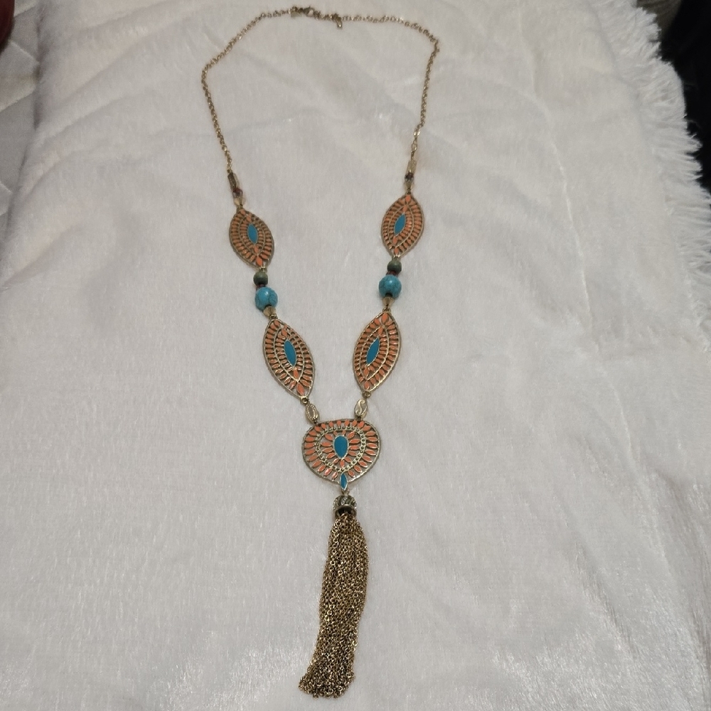 Gold-Tone Tassel Necklace with Turquoise and Coral Accents